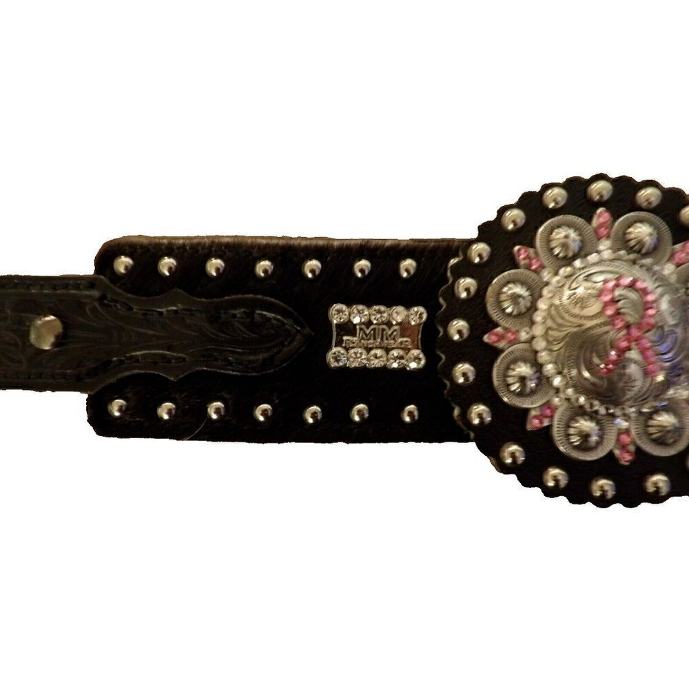 Western Beautiful Black and‎ Silver Leather Concho Belt Cancer Free Ribbon - Picture 4 of 15